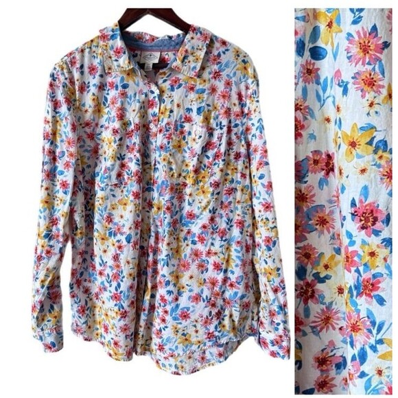 St John’s Bay Button Up Shirt Floral Print 100% Cotton Lightweight Sz XXL - Picture 1 of 10